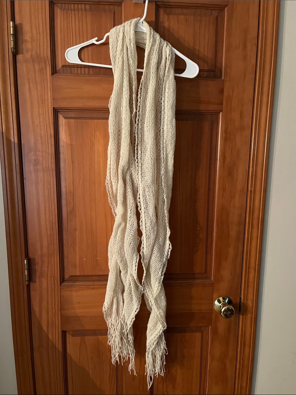 Scarf - cream with gold flecks, ruffled hem, fringe